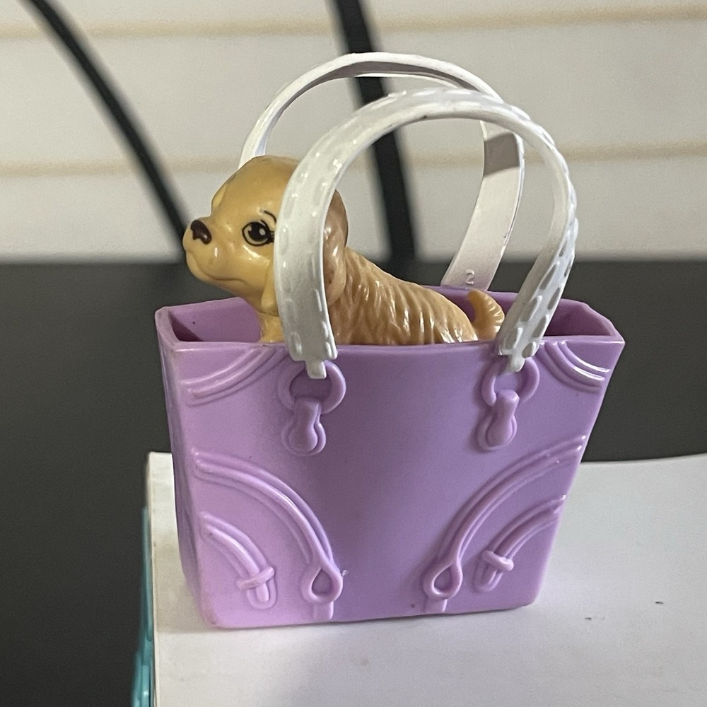 BARBIE DOLL BROWN PUPPY DOG PET 1.5" Golden Retriever Labrador In Purple Purse